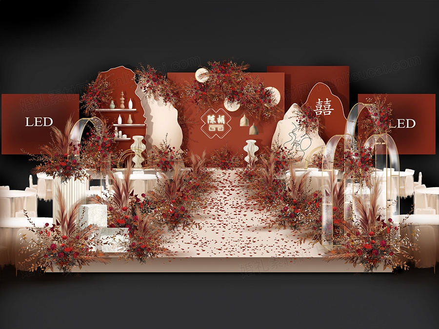 砖红色香槟色侘寂风新中式婚礼设计效果图背景喷绘素材psd - 婚礼素材网