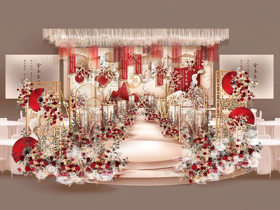 香槟色红色中式喜庆婚礼设计婚庆舞台效果图背景方案素材psd - 婚礼素材网