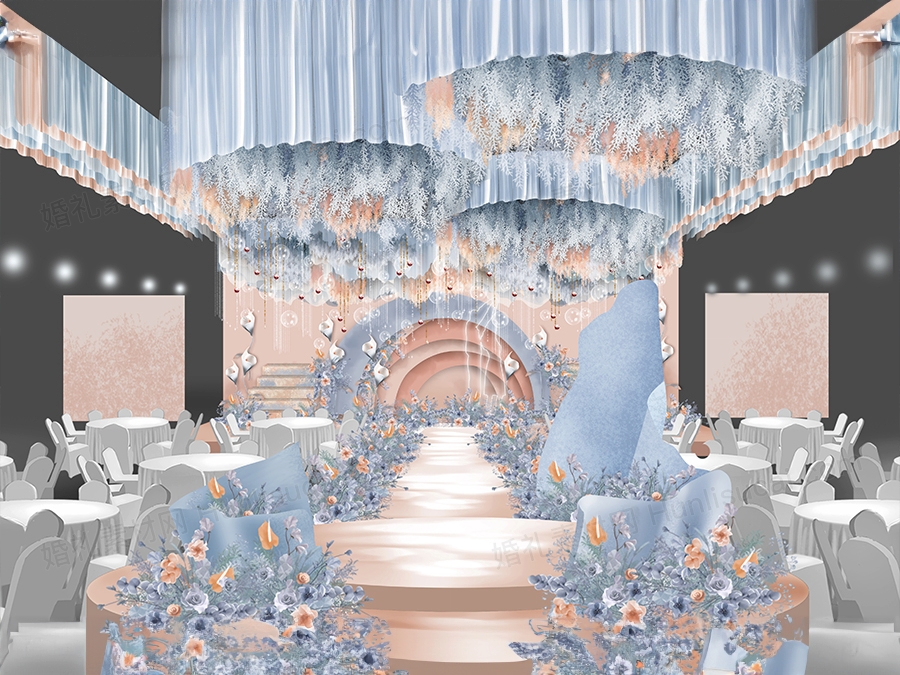 莫兰迪粉色蓝色水彩背景圆形吊顶婚礼设计舞台效果图素材psd - 婚礼素材网