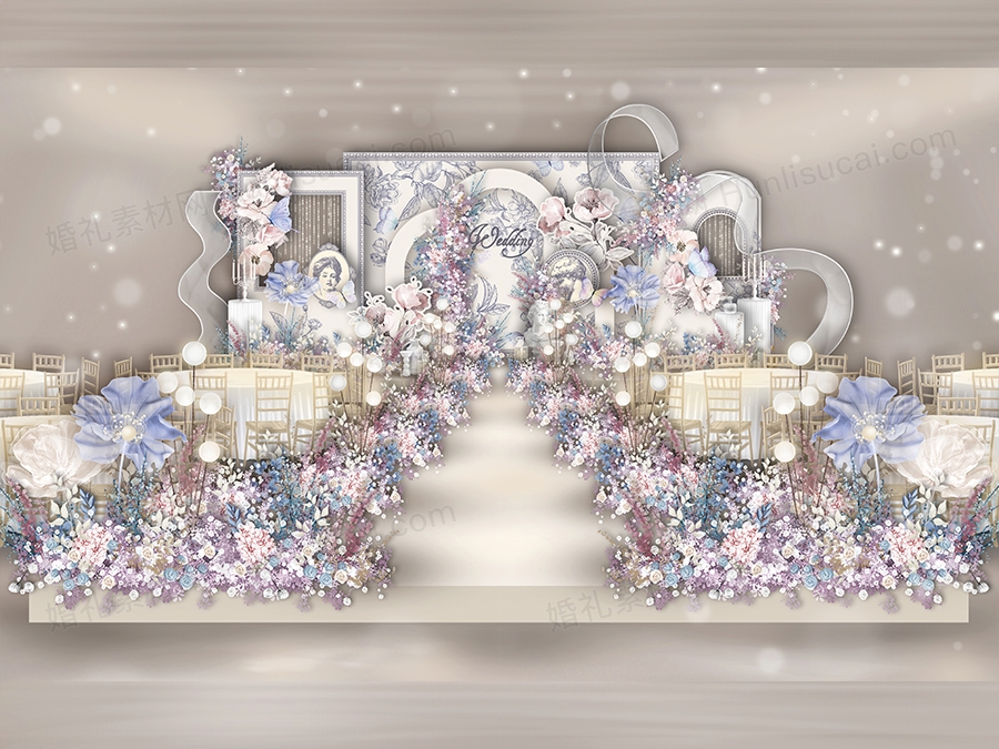 复古法式庄园紫色香槟色莫奈花园婚礼设计舞台效果图背景素材 - 婚礼素材网
