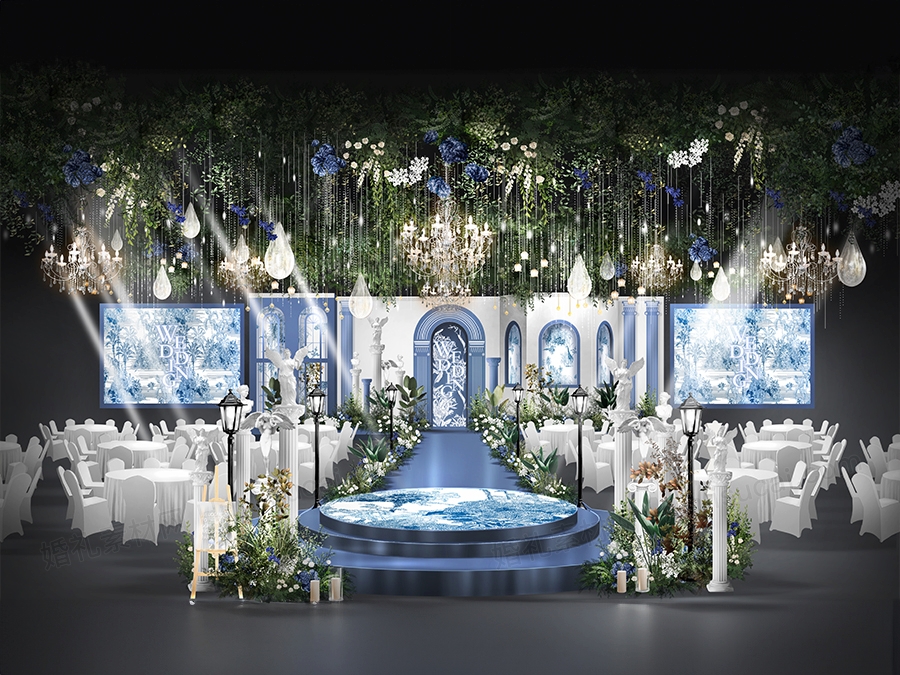 蓝白色法式庄园白绿色花艺吊顶欧式罗马柱拱门婚礼设计素材效果图 - 婚礼素材网
