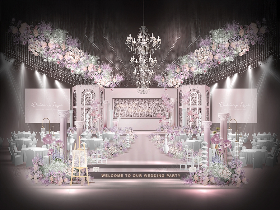 粉色法式庄园主题婚礼设计小碎花背景拱门罗马柱效果图素材psd - 婚礼素材网