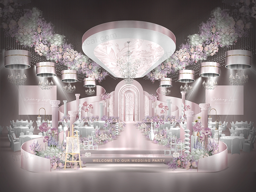 粉色高端法式庄园风格婚礼设计舞台效果图背景方案素材psd - 婚礼素材网