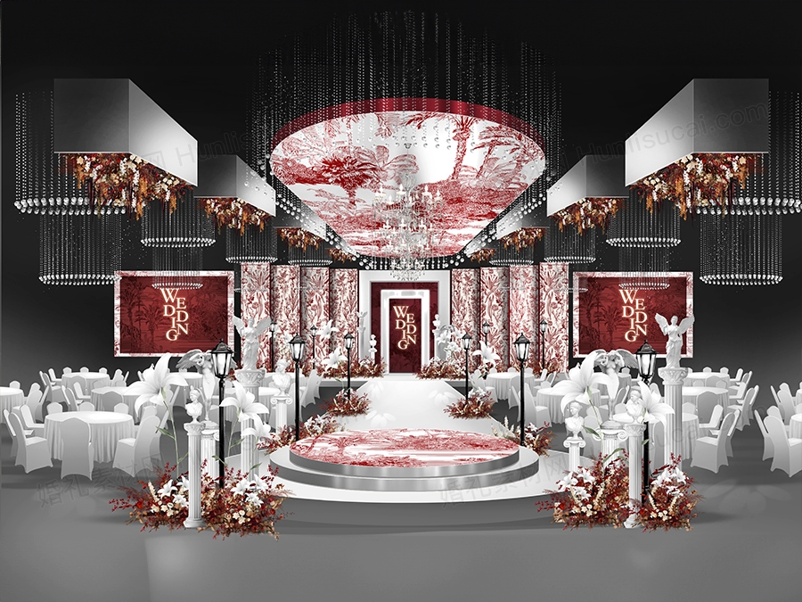 红白色秀场法式庄园风格高端婚礼设计效果图背景方案素材psd - 婚礼素材网