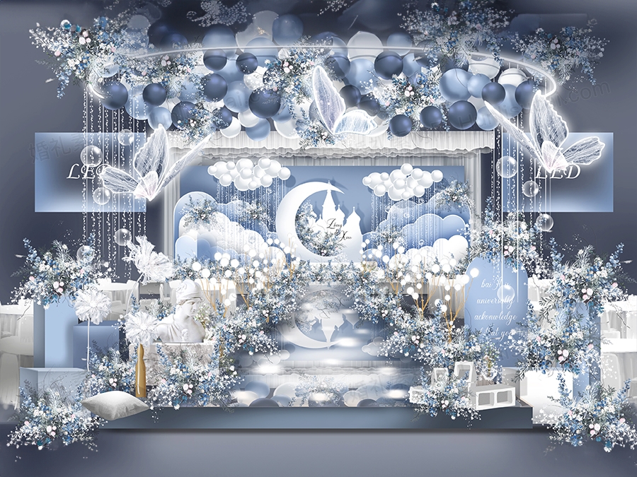 蓝白色月亮城堡梦幻高端简约风格婚礼设计舞台效果图素材psd - 婚礼素材网