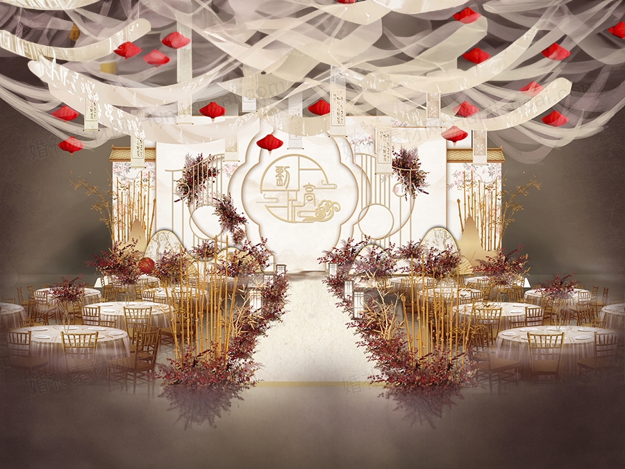 香槟色古典中式屋檐庭院风格婚礼设计舞台效果图背景素材psd - 婚礼素材网