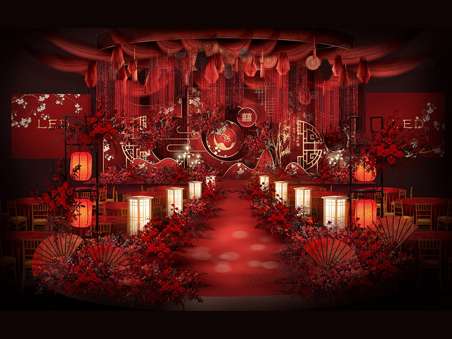 红色喜庆古典新中式工笔花背景婚礼设计舞台效果图素材psd - 婚礼素材网