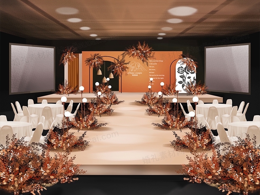 橘色秋色INS简约泰式婚礼设计婚庆舞台效果图背景方案素材 - 婚礼素材网