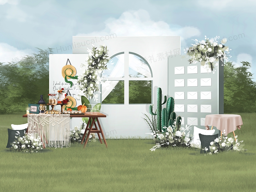 白色浅绿色韩式简约户外草坪婚礼展示区甜品区效果图素材婚礼 - 婚礼素材网