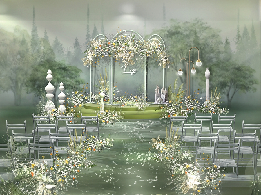 古典仙侠风格绿色调婚礼设计婚效果图户外草坪婚礼效果图素材 - 婚礼素材网