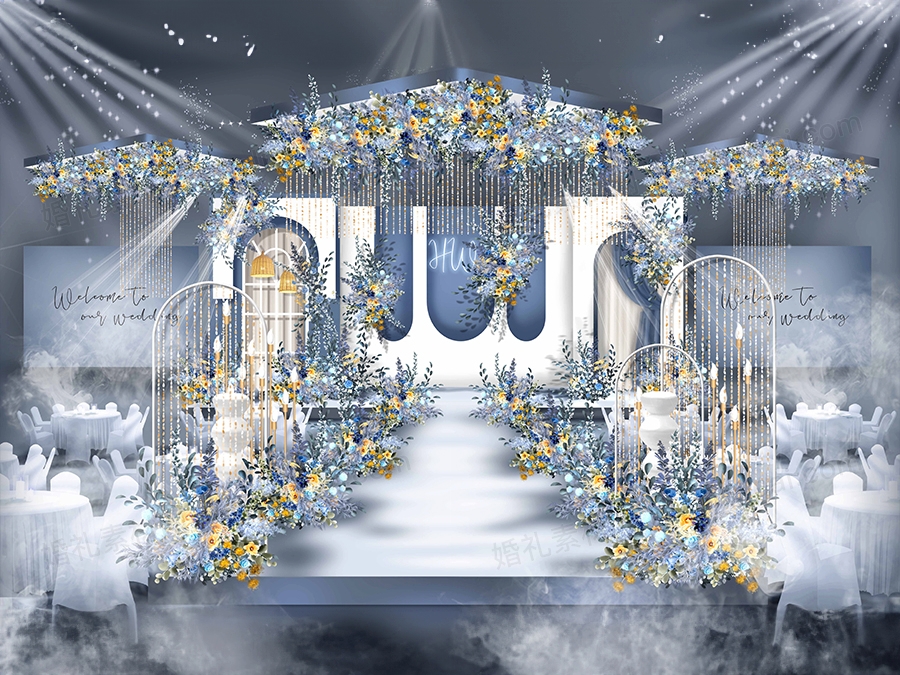 蓝白色高端简约INS风格婚礼设计婚庆效果图背景方案喷绘素材 - 婚礼素材网
