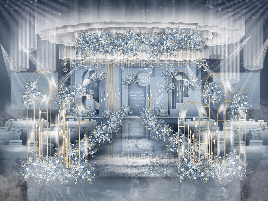 莫兰迪色调雾霾蓝泰式婚礼设计婚庆效果图背景方案喷绘KT板素材 - 婚礼素材网
