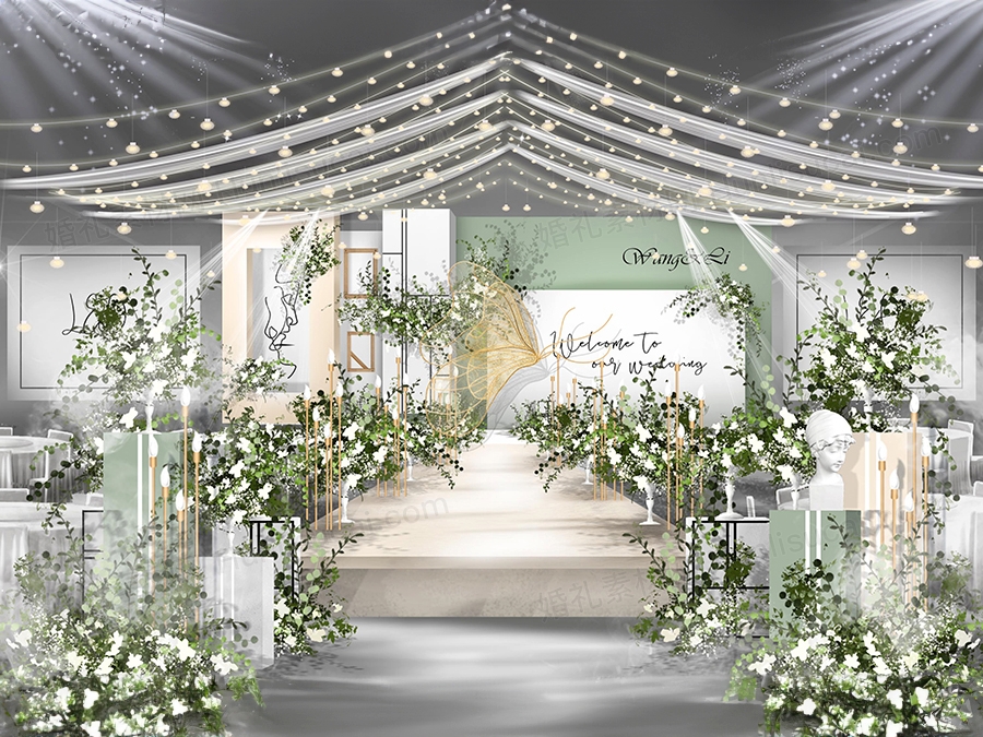 莫兰迪绿色泰式婚礼设计高端婚礼效果图背景方案设计素材psd - 婚礼素材网