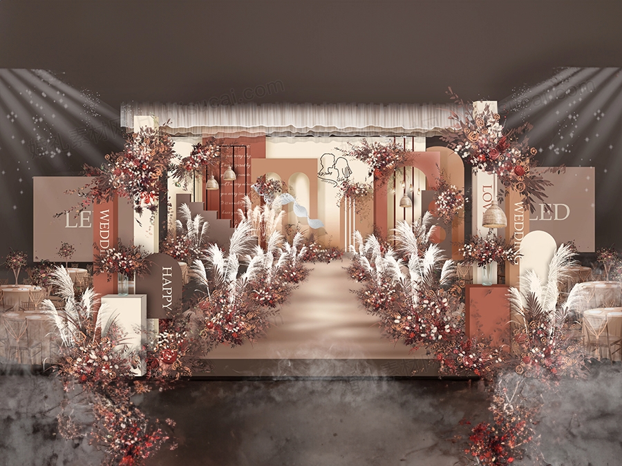 焦糖色泰式婚礼设计婚庆舞台效果图背景方案喷绘KT板素材psd - 婚礼素材网