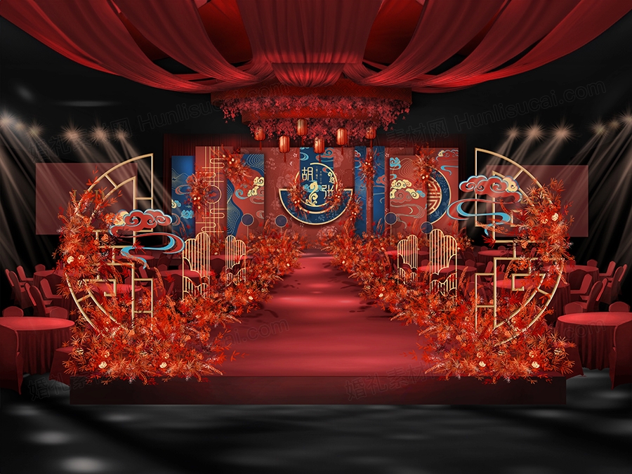 红蓝色喜庆中式婚礼时尚新中式婚庆舞台效果图背景方案素材婚礼 - 婚礼素材网