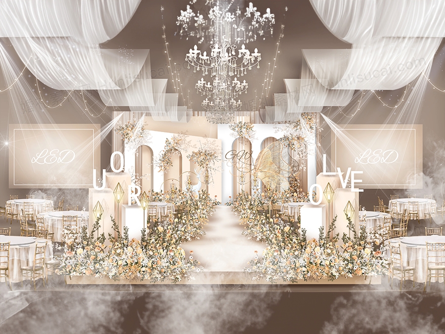 浅香槟色INS简约高端婚礼设计婚庆舞台效果图背景方案素材 - 婚礼素材网