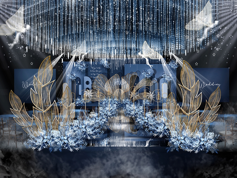 莫兰迪蓝色铁艺花瓣道具背景舞台展示区效果图设计素材婚礼psd - 婚礼素材网
