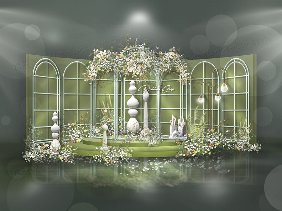 莫兰迪绿色高端泰式婚礼设计婚庆效果图背景布置方案素材psd - 婚礼素材网