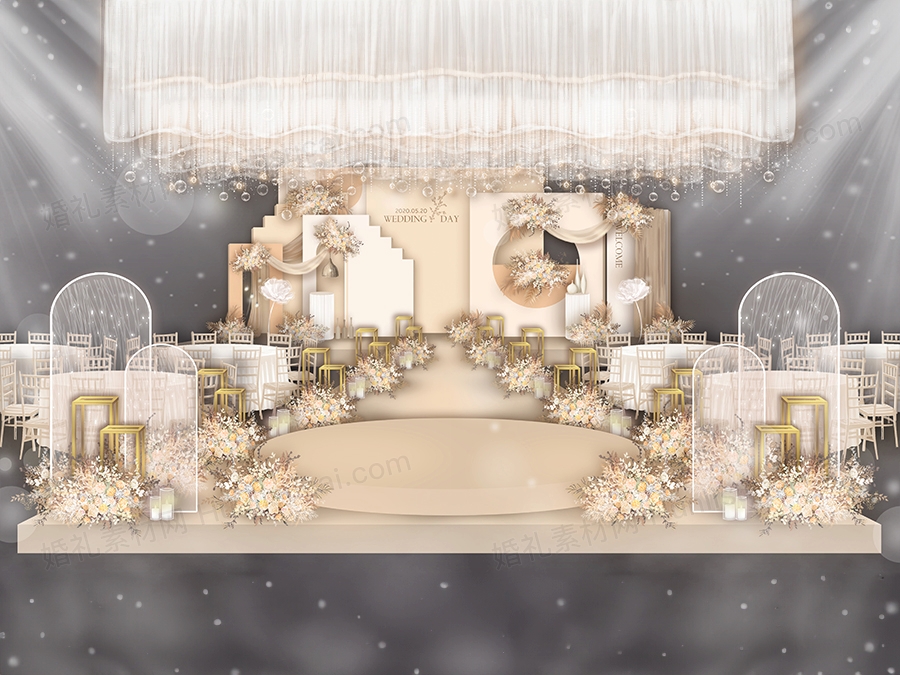 莫兰迪香槟色泰式简约高端婚礼设计效果图舞台背景素材psd - 婚礼素材网