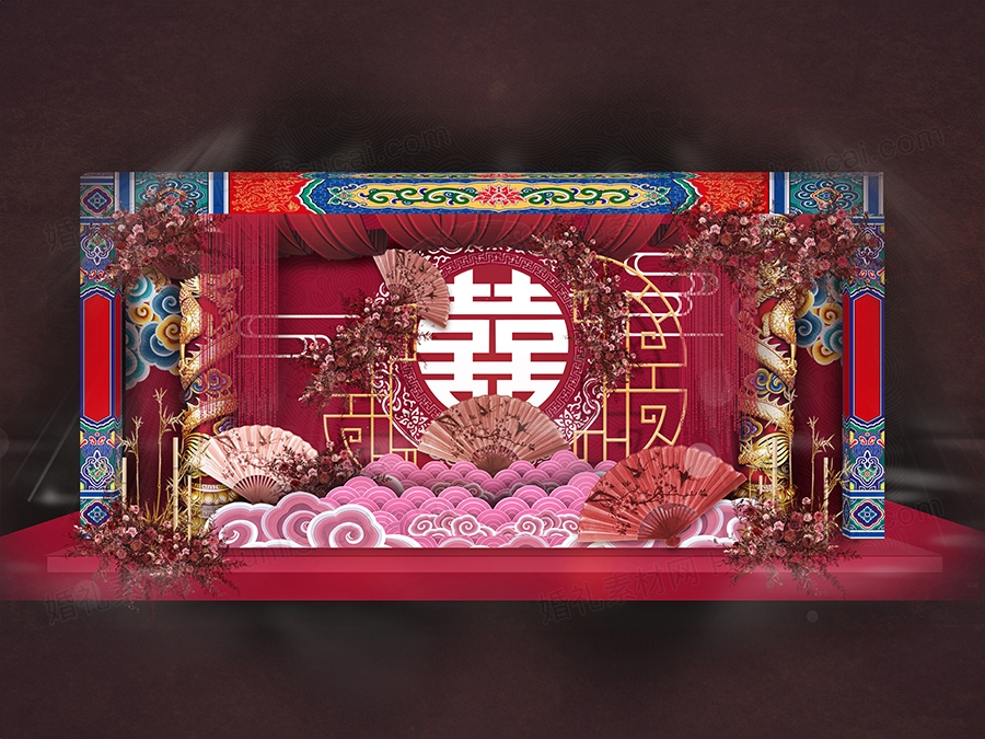 红蓝色新中式传统纹样背景方案舞台效果图设计布置素材婚礼psd - 婚礼素材网