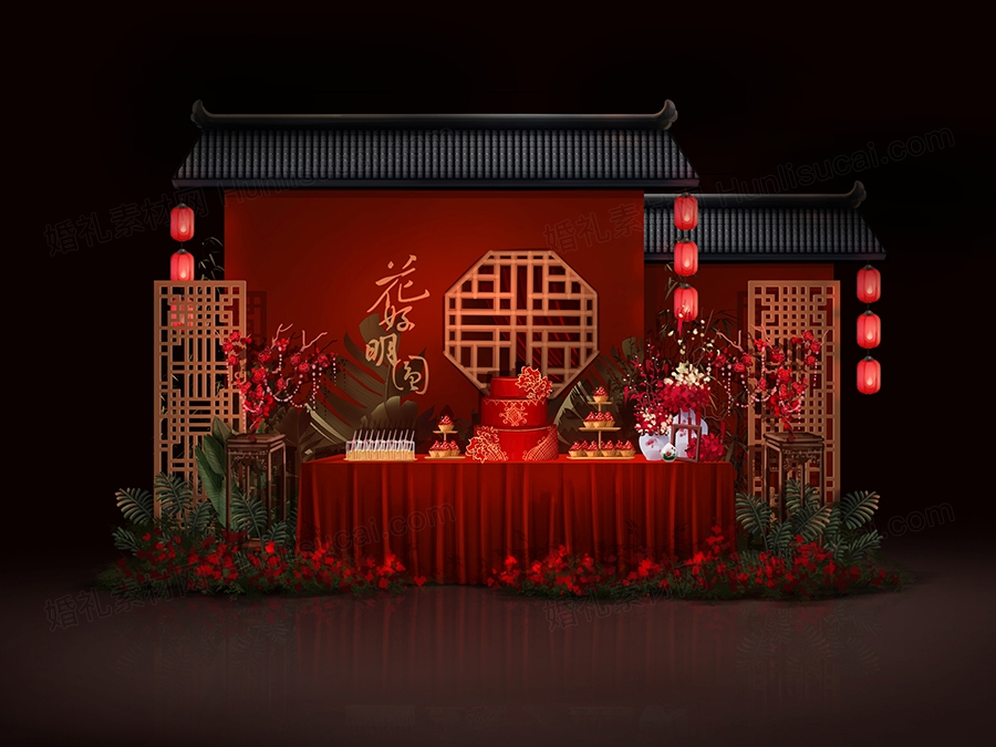 红色中式喜庆婚礼设计婚庆手绘效果图甜品区布置素材psd源文件 - 婚礼素材网