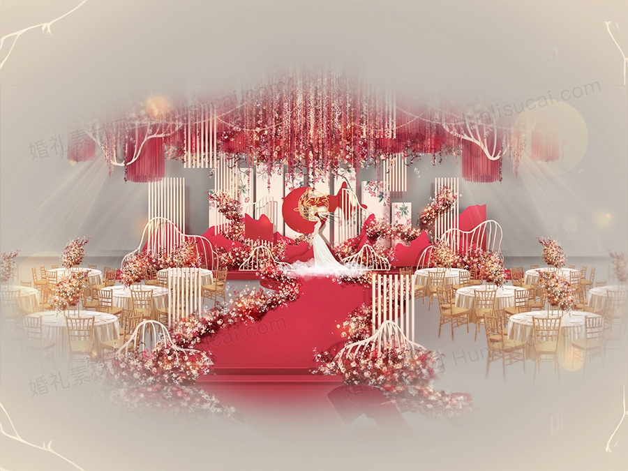 胭脂红香槟色现代新中式婚礼设计婚庆效果图舞台背景方案素材 - 婚礼素材网