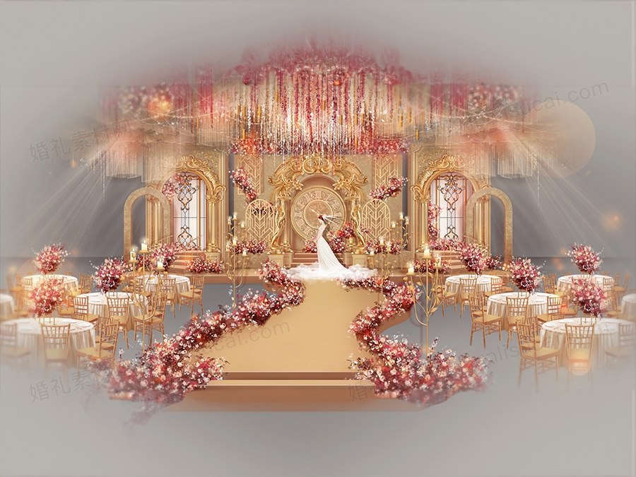 金色欧式高端宫廷巴洛克风格罗马柱拱门时钟婚礼设计背景素材 - 婚礼素材网