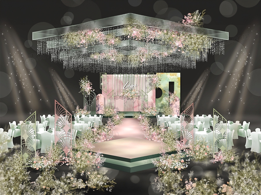 绿色粉色水彩背景小清新小众婚礼设计婚庆效果图方案素材psd - 婚礼素材网