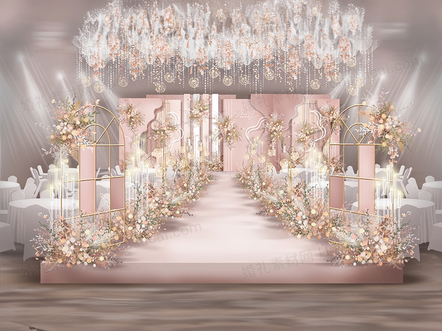裸粉色ins简约高端婚礼设计婚庆效果图舞台展示区背景素材 - 婚礼素材网