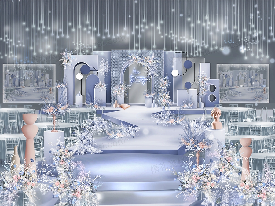青蓝色INS简约高端泰式婚礼设计婚庆效果图背景素材psd - 婚礼素材网
