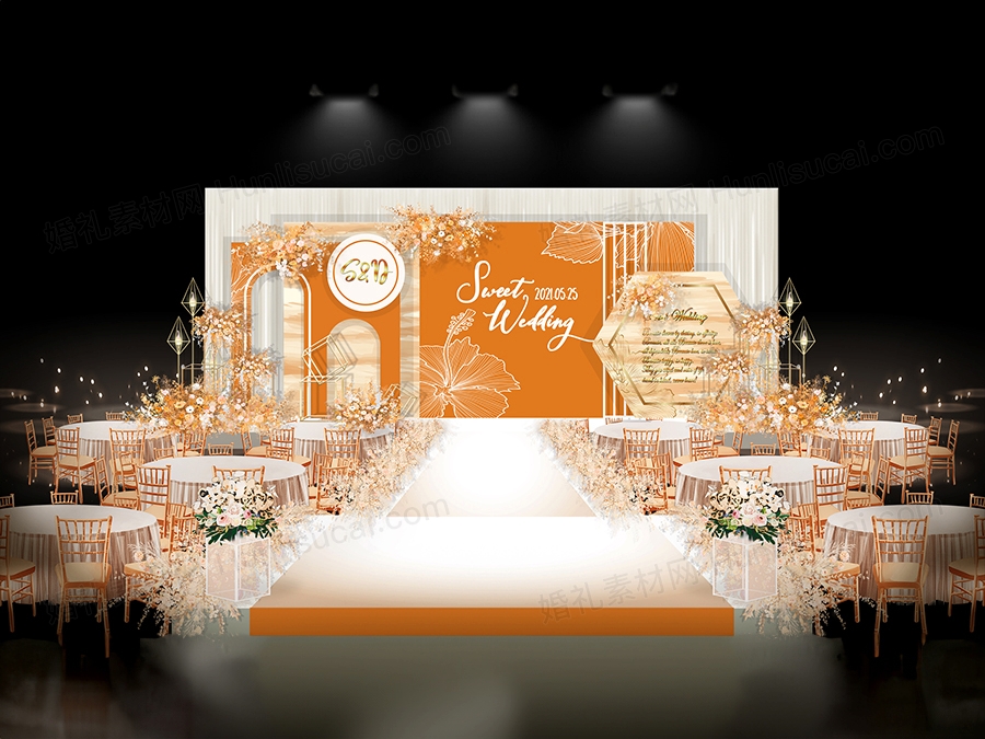 橘色橙色INS简约风格婚礼设计婚庆舞台签到展示区喷绘背景素材 - 婚礼素材网