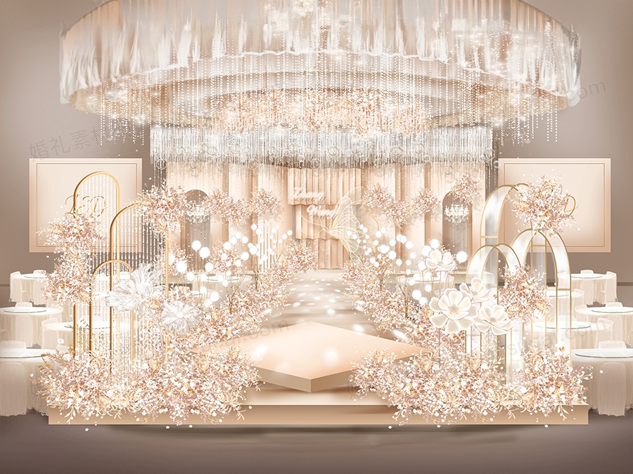 裸粉色香槟色简约高端泰式婚礼设计婚庆效果图舞台背景素材psd - 婚礼素材网