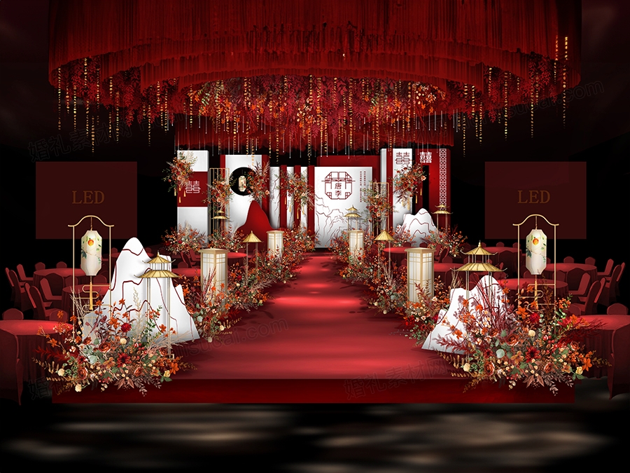 红白色高端侘寂风新中式婚礼设计婚庆舞台展示区签到区背景素材 - 婚礼素材网