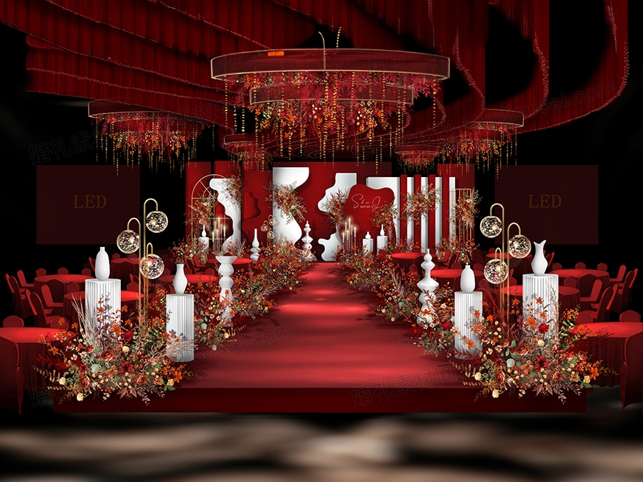 红白色高端侘寂风格泰式婚礼设计婚庆效果图舞台展示区背景素材 - 婚礼素材网