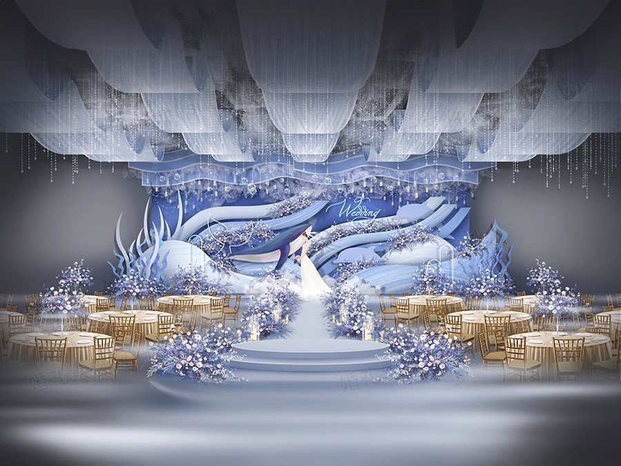 蓝色海洋风格海底世界鲸鱼水草婚礼设计婚庆效果图背景方案素材 - 婚礼素材网