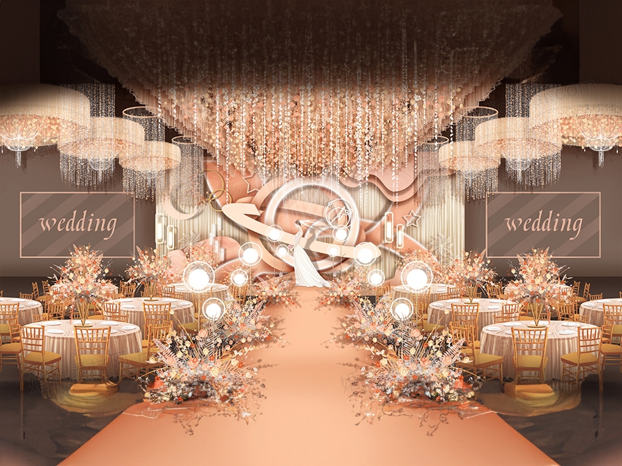 橙色橘色泰式婚礼设计婚庆效果图舞台展示区背景方案喷绘素材 - 婚礼素材网