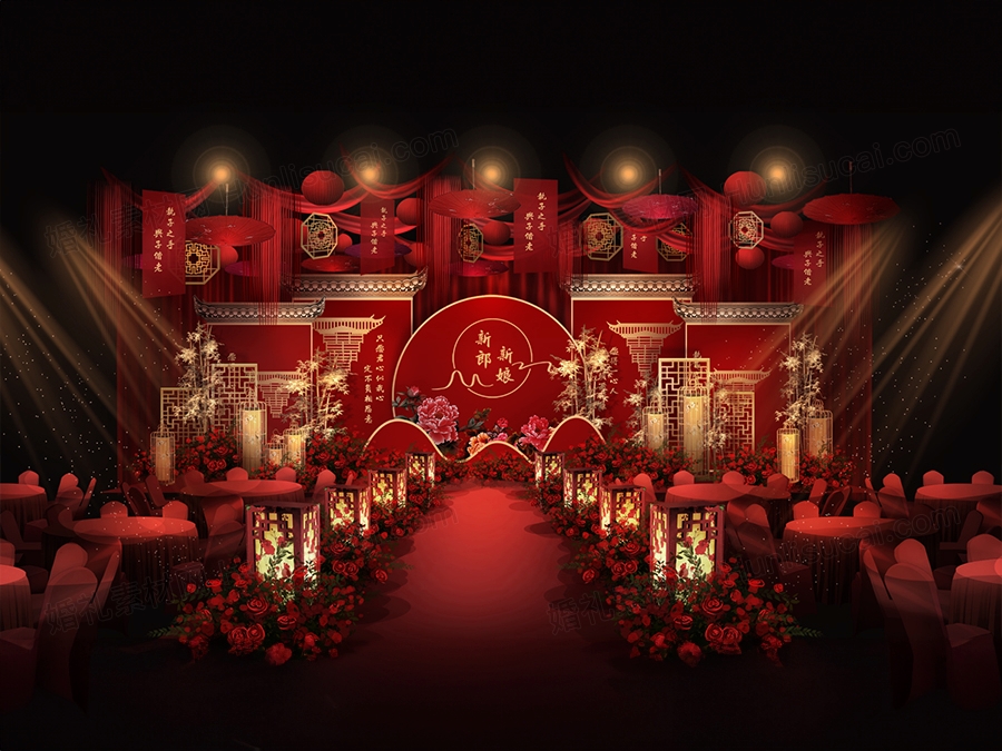红色喜庆新中式中国风传统高端婚礼设计舞台背景喷绘KT板素材 - 婚礼素材网