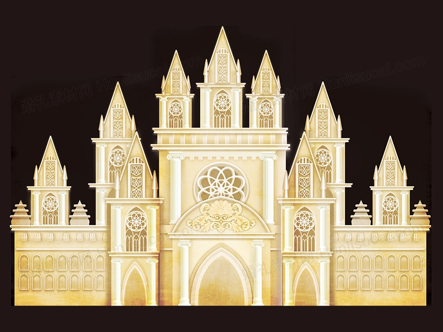 金黄色高清欧式城堡婚礼设计婚庆舞台背景喷绘写真KT板PSD素材 - 婚礼素材网