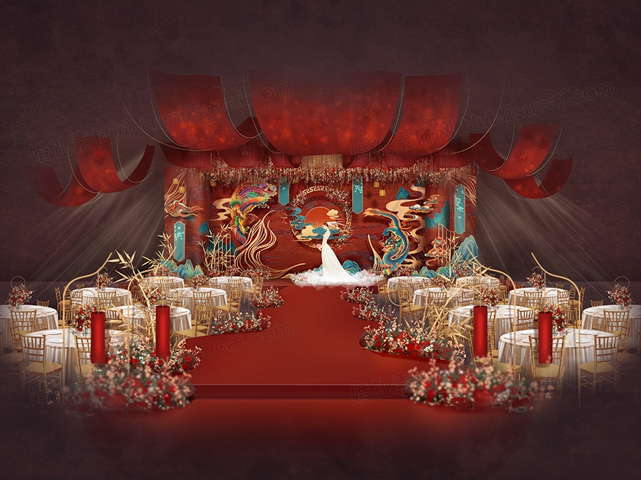 红色喜庆新中式婚礼设计婚庆效果图舞台展示区背景方案素材psd - 婚礼素材网