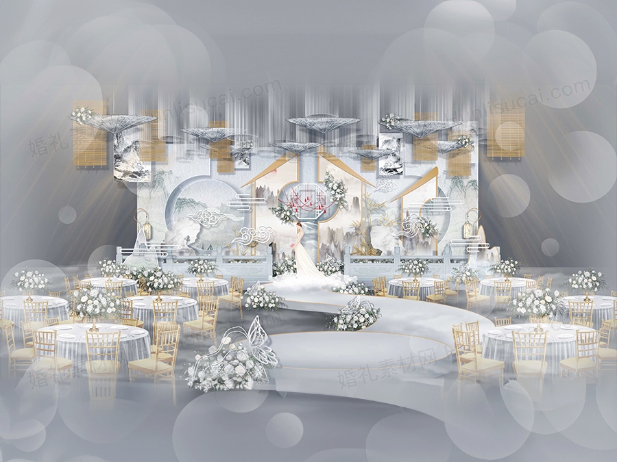 雾霾蓝中国画背景传统新中式婚礼设计婚庆效果图背景方案素材 - 婚礼素材网