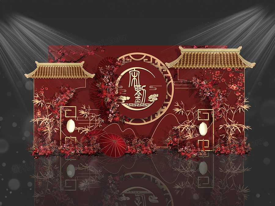 小预算红色中式婚礼舞台背景婚礼设计KT板喷绘素材PSD婚礼效果图 - 婚礼素材网