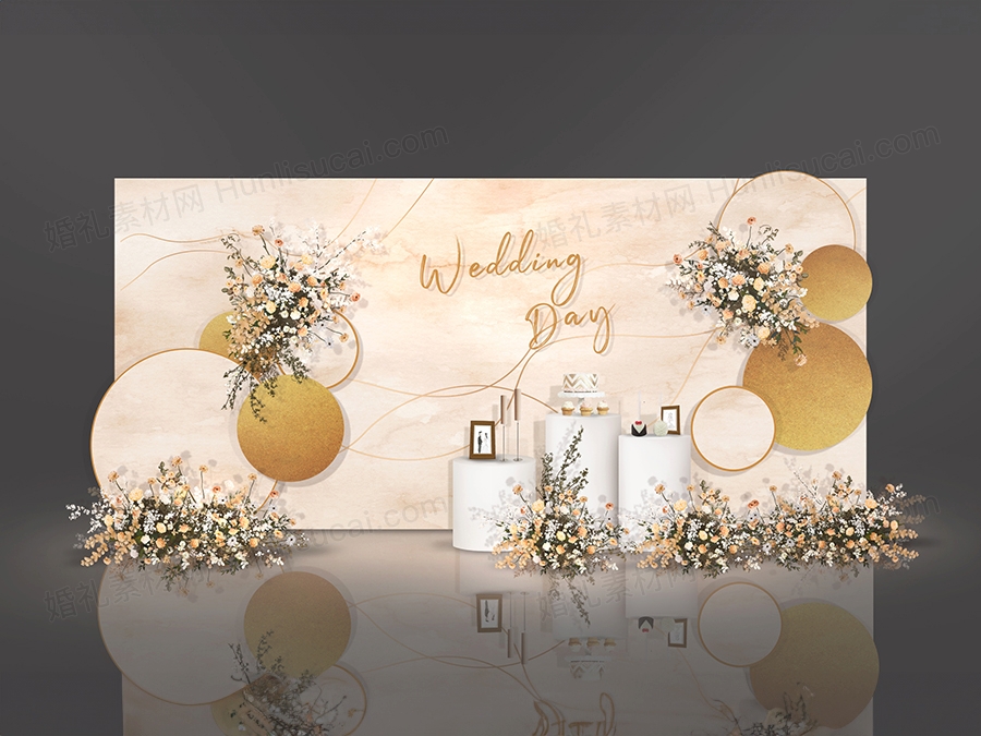 香槟色甜品区大理石婚礼背景设计效果图 婚庆签到台喷绘PSD源素材 - 婚礼素材网