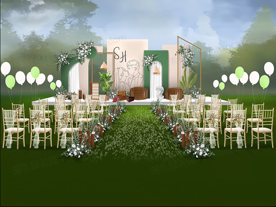 绿色系小清新风格INS简约户外草坪婚礼设计效果图背景喷绘素材 - 婚礼素材网