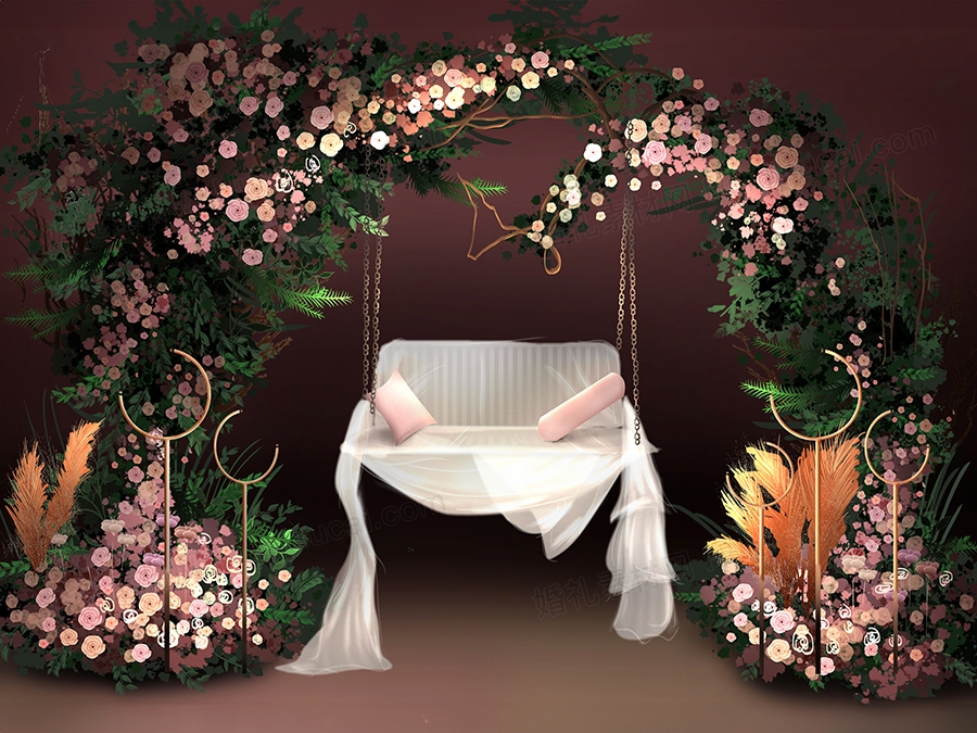 粉白色浪漫温馨荡秋千小场景花艺布置气氛婚礼设计效果图素材 - 婚礼素材网