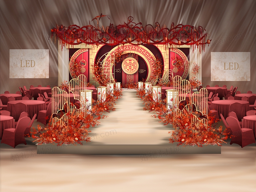 红色香槟色传统古典中式中国风婚礼设计效果图舞台背景喷绘素材 - 婚礼素材网