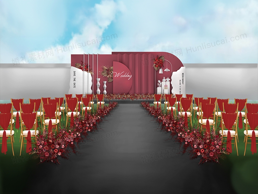 紫红色酒红色INS简约侘寂风格户外庭院户外草坪婚礼设计素材 - 婚礼素材网