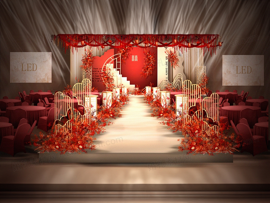 红色香槟色2021新中式婚礼设计舞台展示区背景喷绘ps素材 - 婚礼素材网