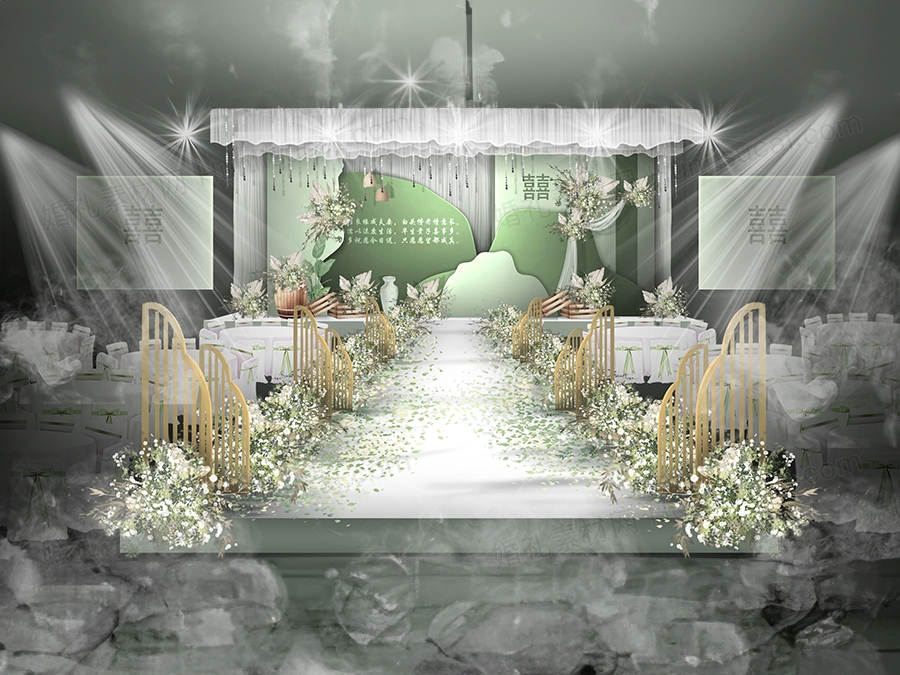 绿色小众独特高端新中式婚礼设计效果图背景方案喷绘素材psd - 婚礼素材网