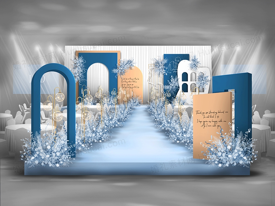 蓝色香槟色撞色侘寂宅寂风格小众婚礼设计婚庆效果图方案素材 - 婚礼素材网