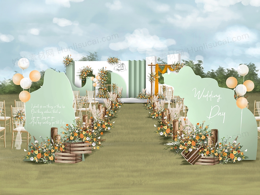 白色淡绿色莫兰迪户外草坪婚礼设计婚庆效果图背景素材psd - 婚礼素材网